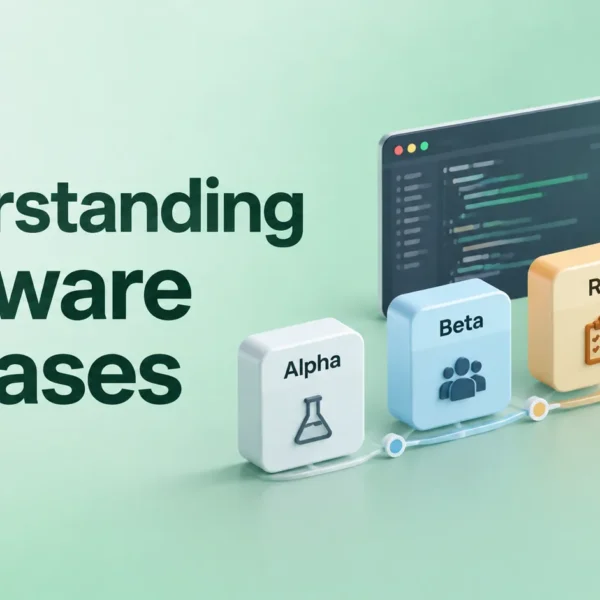 Software release lifecycle showing Alpha, Beta, RC, and Stable stages with a progression timeline.