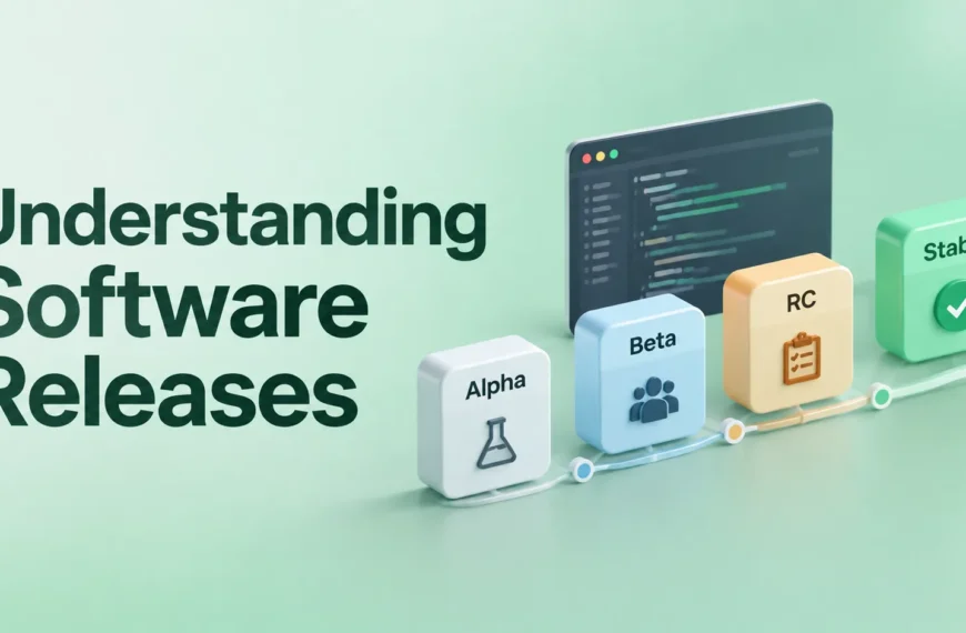 Software release lifecycle showing Alpha, Beta, RC, and Stable stages with a progression timeline.