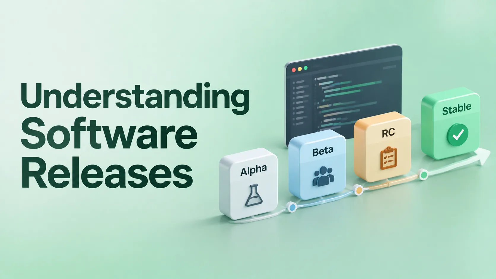 Software release lifecycle showing Alpha, Beta, RC, and Stable stages with a progression timeline.